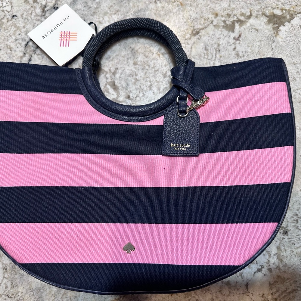 Kate Spade Pink and Navy Striped Half Circle Tote - NWT - Picture 2 of 7